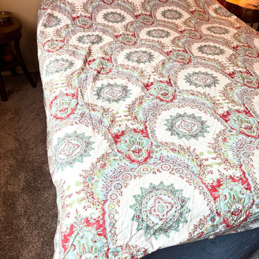 Pottery Barn Full Queen Duvet Cover Ivory Red Teal Medallion Paisley Floral Boho